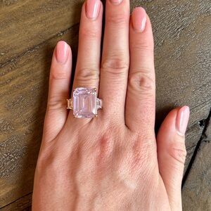 JTV Pink And White Cubic Zirconia Rose Tone Emerald Cut Ring 32.80CTW Size 6